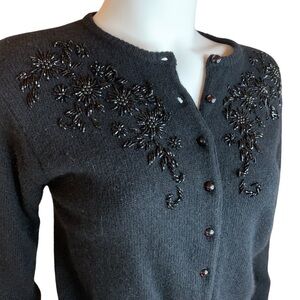 Vintage Black Wool & Angora Beaded Cardigan – Made in Hong Kong, M